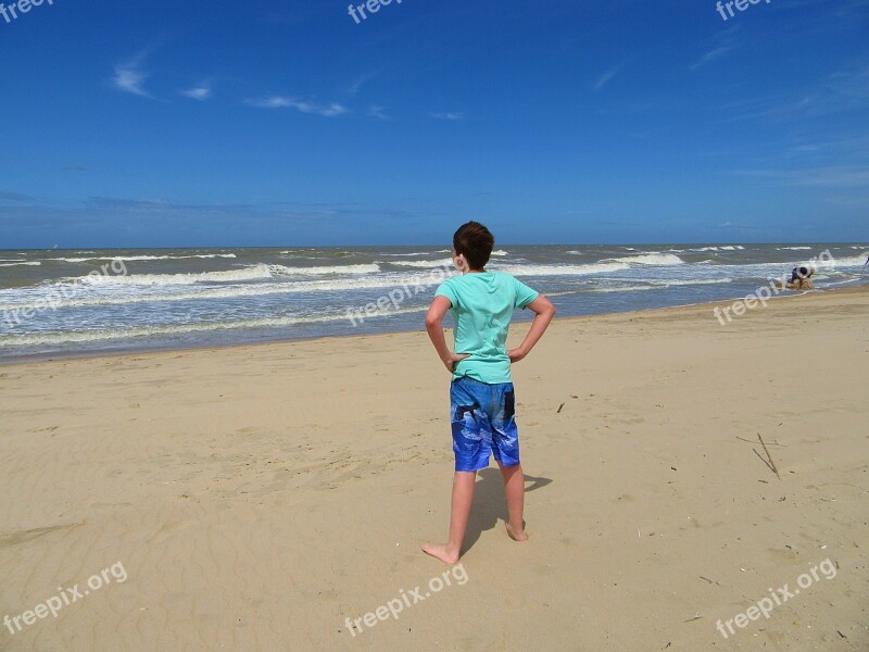 Boy Sea Beach Sand Wind