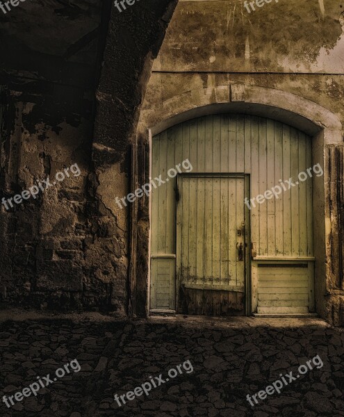 Wooden Door Old Door Front Door Paved Street Night