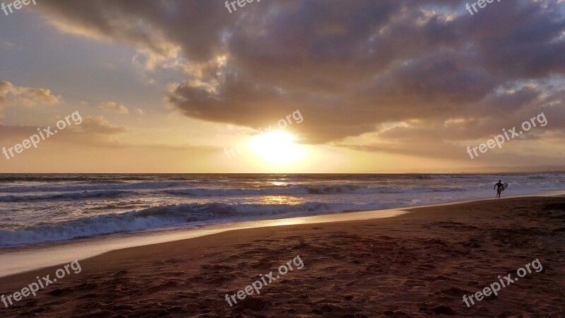 Sunset Beach Sea Clouds Surfer