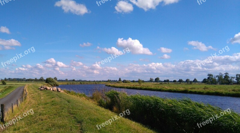 East Frisia Wide Dike Landscape Clouds