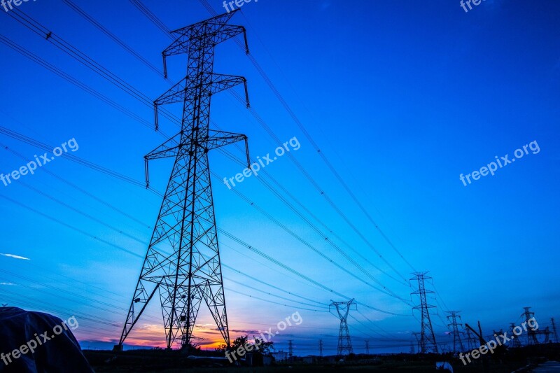 Power High Pressure Pylons Transmission Line Sunset