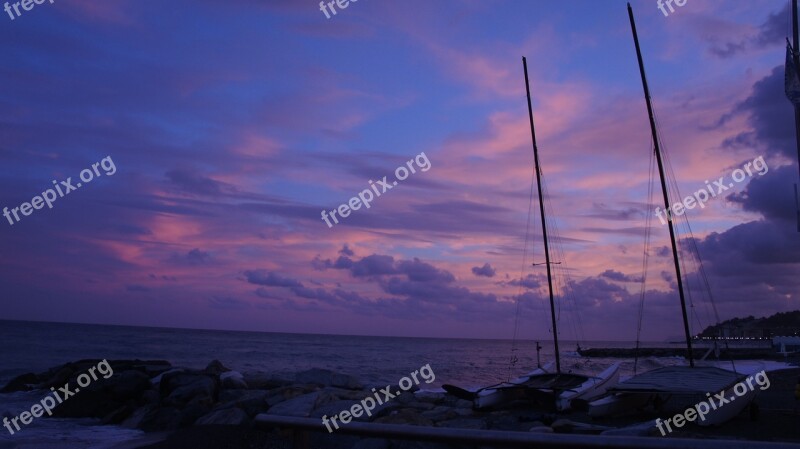 Sunset Boats Sailboats Sails Clouds