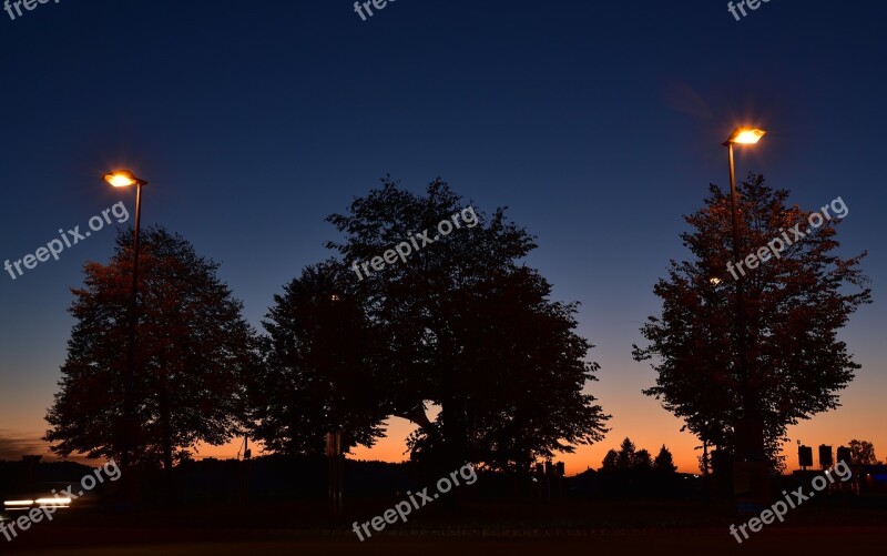 Sunset Blue Hour Trees Lanterns Dark