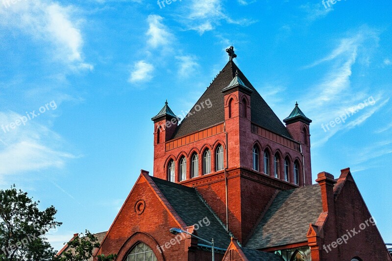 Church Blue Sky Sunny Brick House Red House