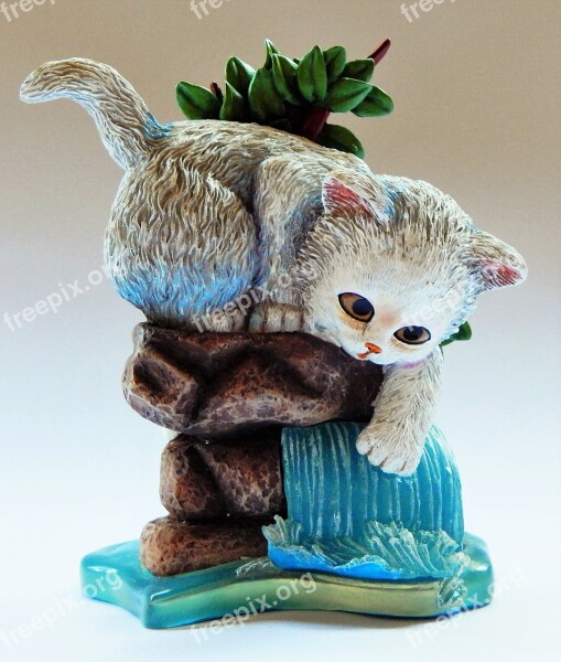 Kitten Kitty Cat Figurine Waterfall