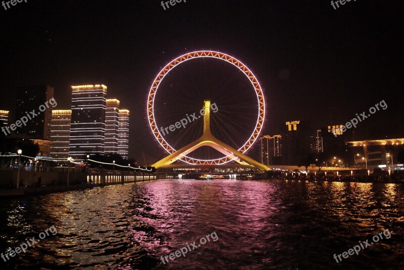 Ferris Wheel Night Tianjin China Free Photos