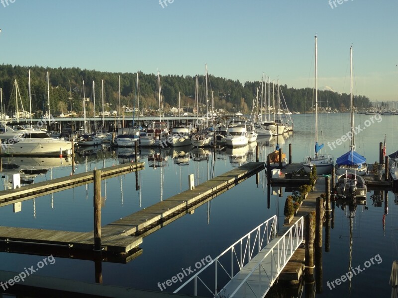 Water Boats Sky Gig Harbor Washington Mt Rainier