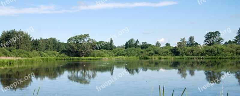 Landscape Pond Water Mirroring The Landscape Level Sky