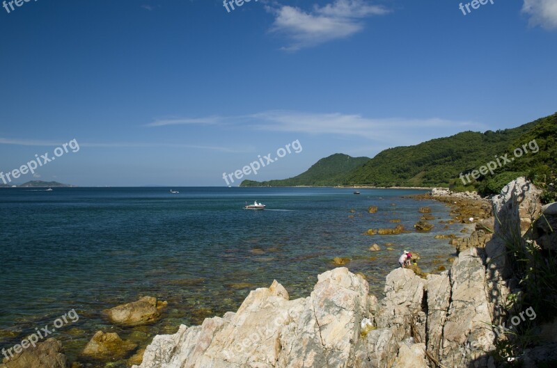 Stone Reef Blue Sky And White Clouds The Sea Flowers