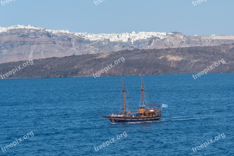 Santorini Pirate Ship Mountains Water Scenery