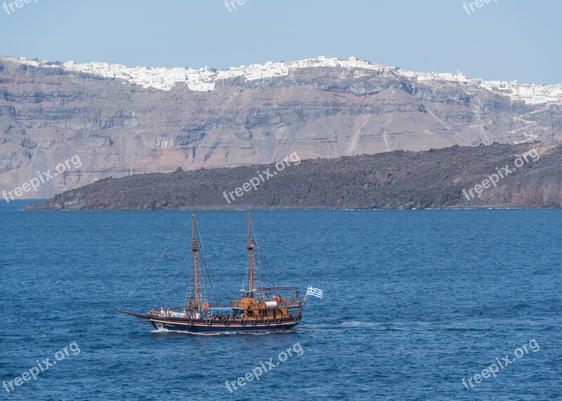 Santorini Pirate Ship Mountains Water Scenery