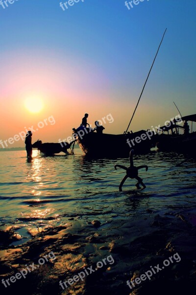 Sunset River Bengal Village Sky