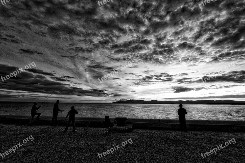 Black And White Fishing Clouds Sky Black