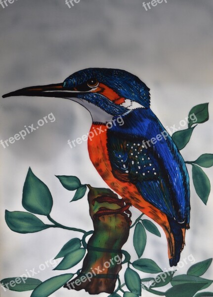 Kingfisher Alcedo Atthis Silk Painting Bird Nature