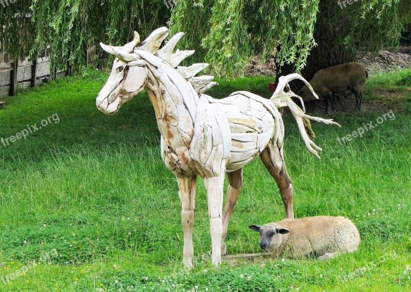 Wooden Horse Horse Sheep Farm Pasture