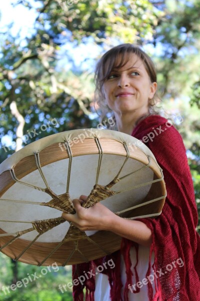 Woman Drum Oak Nature Music