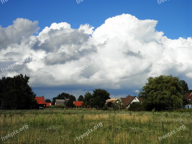 Landscape Village Big Cloud Houses Field