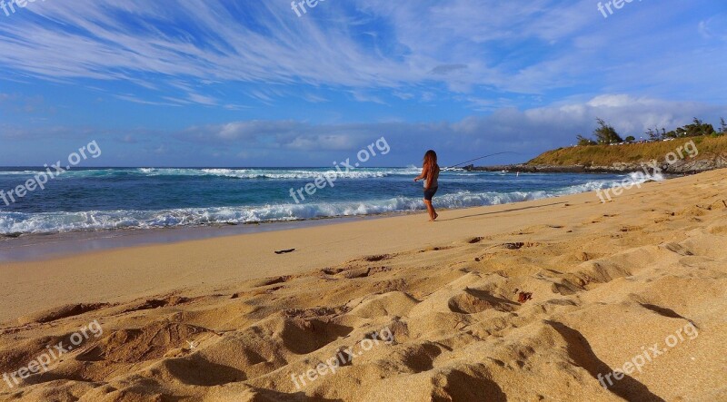 Beach Woman Fishing Ocean Waves