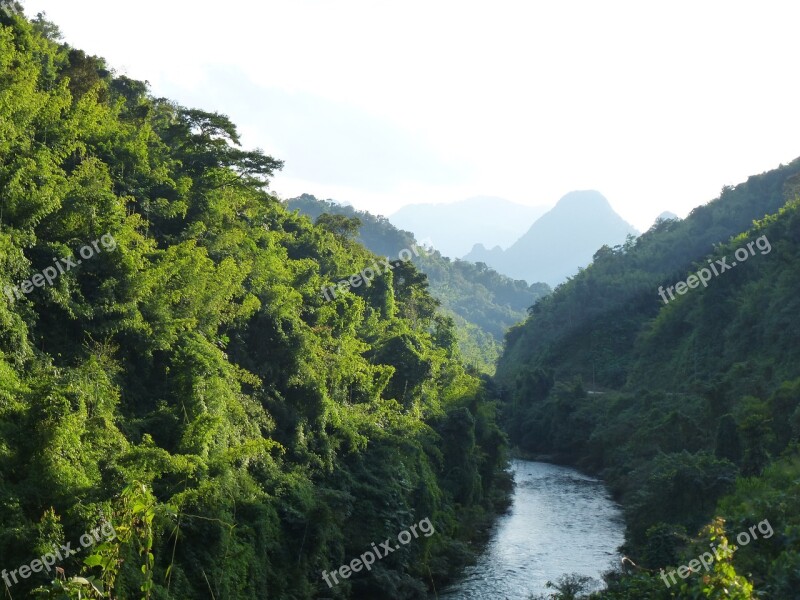 Laos River Landscape Mountains Nature