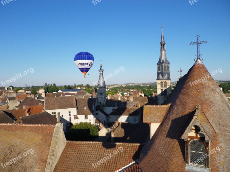 Hot-air Ballooning St Pourcain On Sioule Tile Roofs Blue Sky Bell Tower