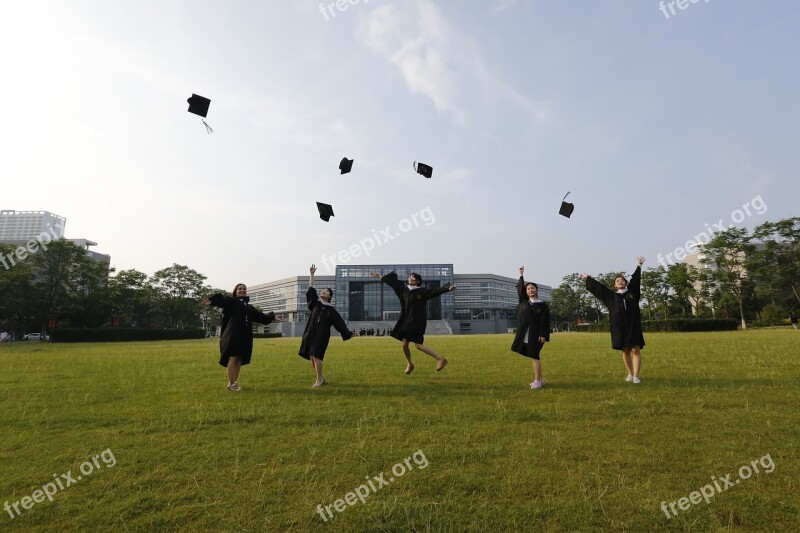 Graduation University Classmate Jump Throwing Hats