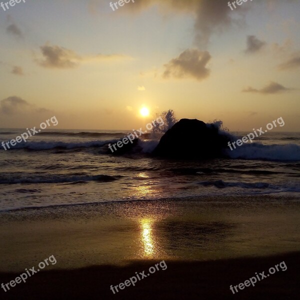 Sunset Sea Seashore Waves Golden