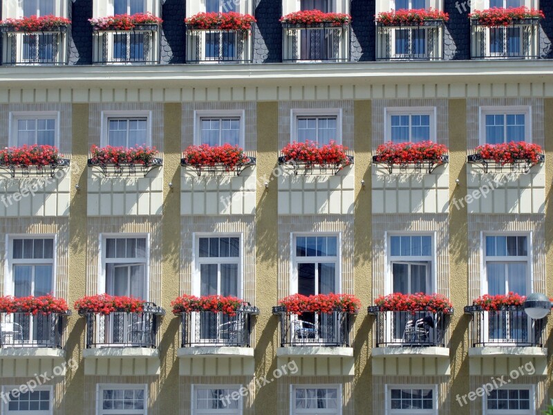 Facade Balconies Flowers Hotel Windows