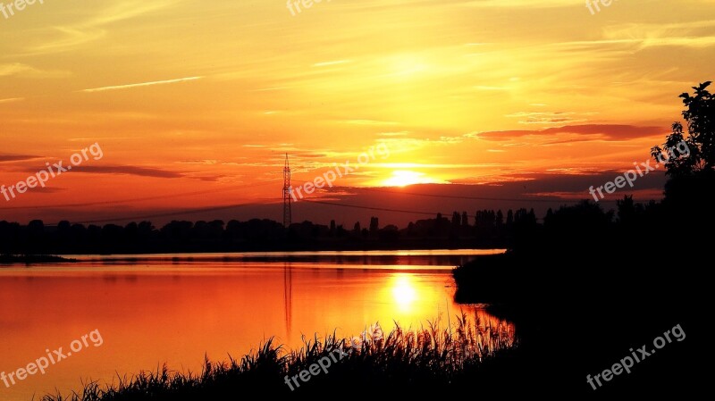 Sunset Lake Landscape Silhuette Abendstimmung Clouds