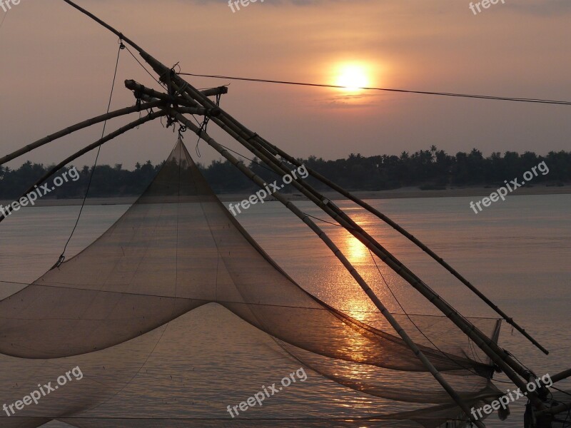 Sunset Mekong River River Cambodia Fishing Net