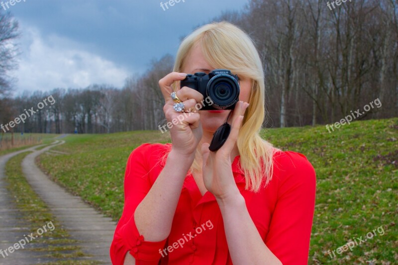 Photo Woman Blond Camera Red