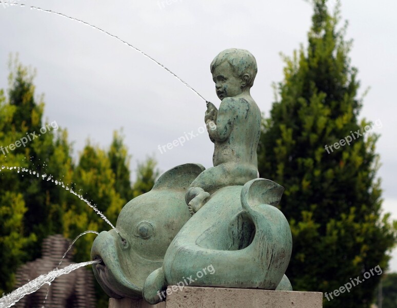 Sculpture Child Fountain Fish Stone