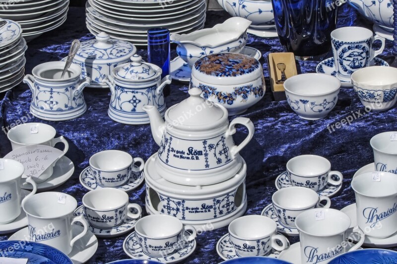 Flea Market Tableware Old Dishes Decor Blue White