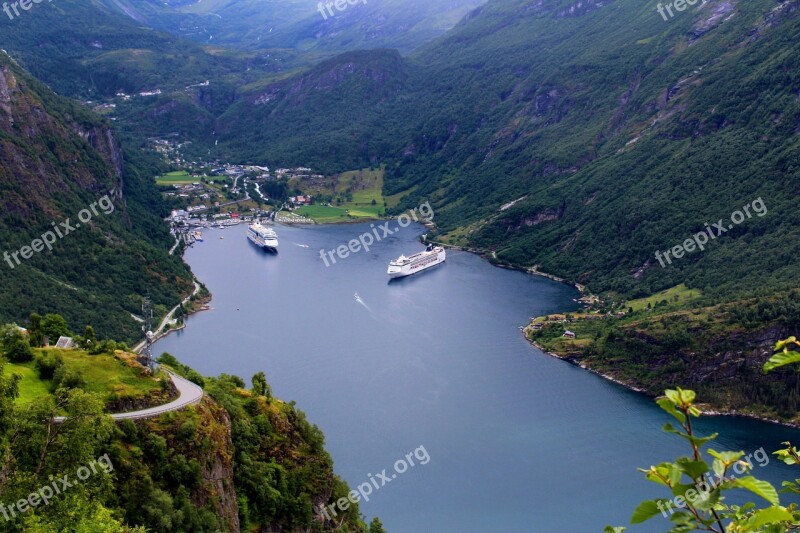 Geiranger Norwegian Fjord Panoramic Cruise Ships Bay