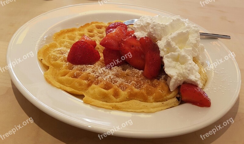 Waffle Strawberries Cream Dessert Pastries