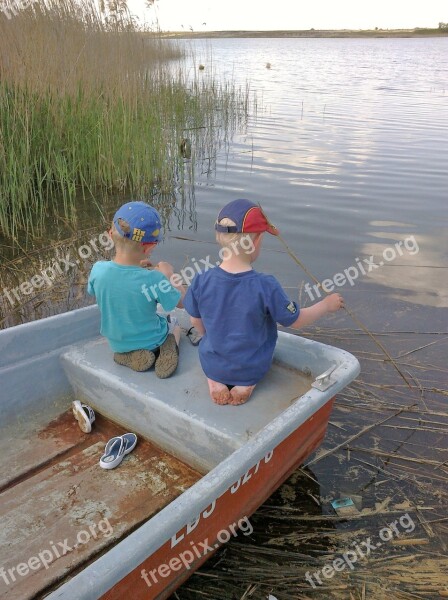 Children Boat Lake Fish Nature