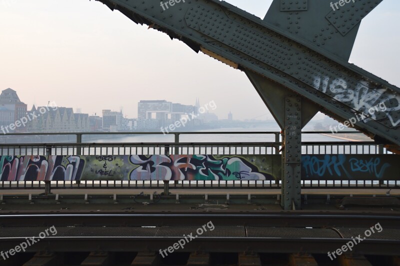 Cologne Bridge Railway Crane Homes Haze