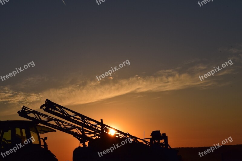 Sunset Agricultural Machinery Backlighting Sky Landscape