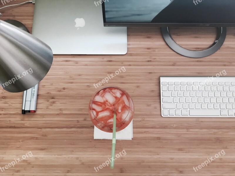 Desk Macbook Monitor Keyboard Drink