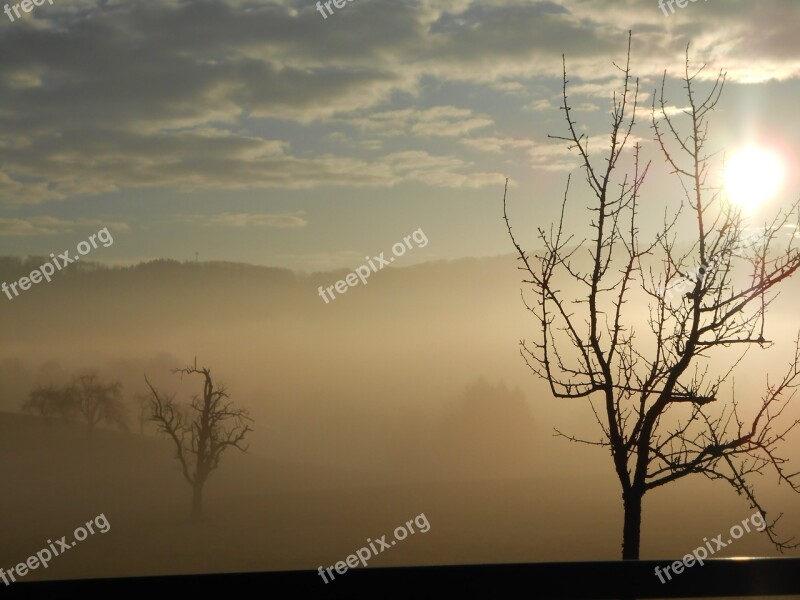 Sunrise Fog Morning Sun Clouds Landscape