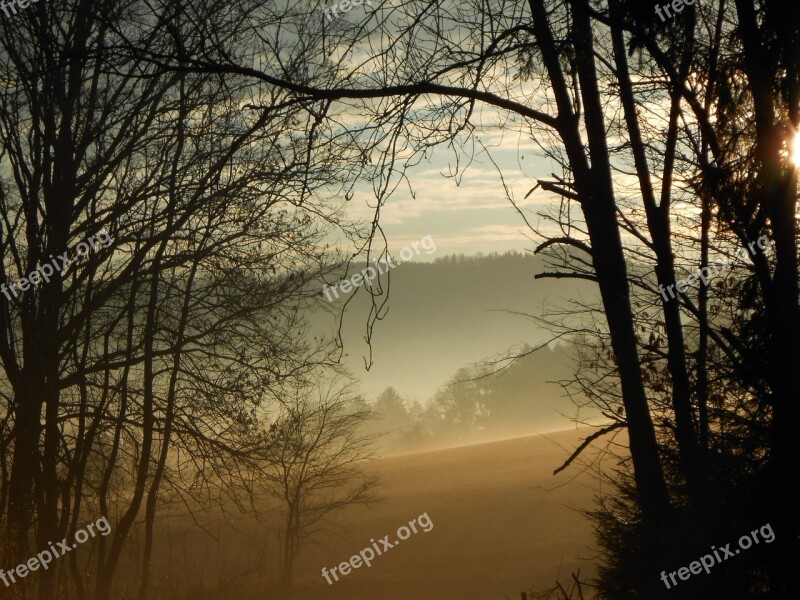 Sunrise Fog Morning Sun Clouds Landscape