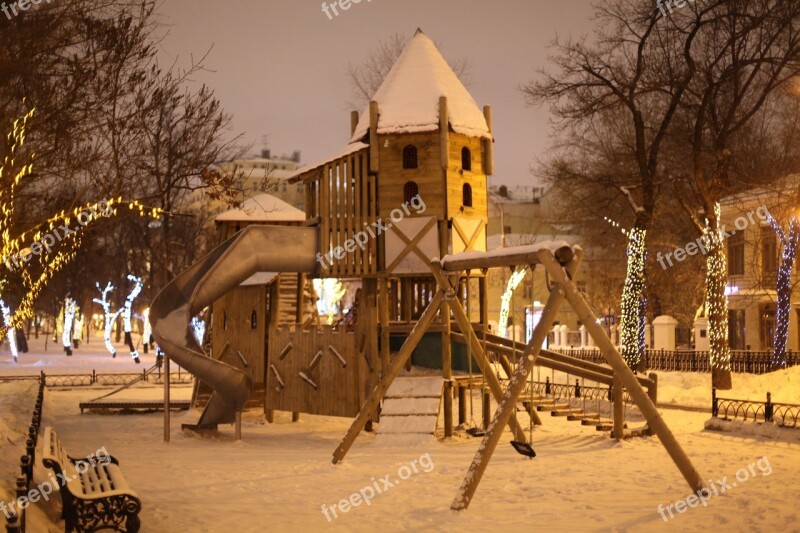 Playground Park Winter Wooden Postoroyka Free Photos