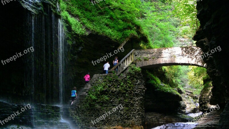 Watkins Glen Waterfalls Bridge Summer Tourism