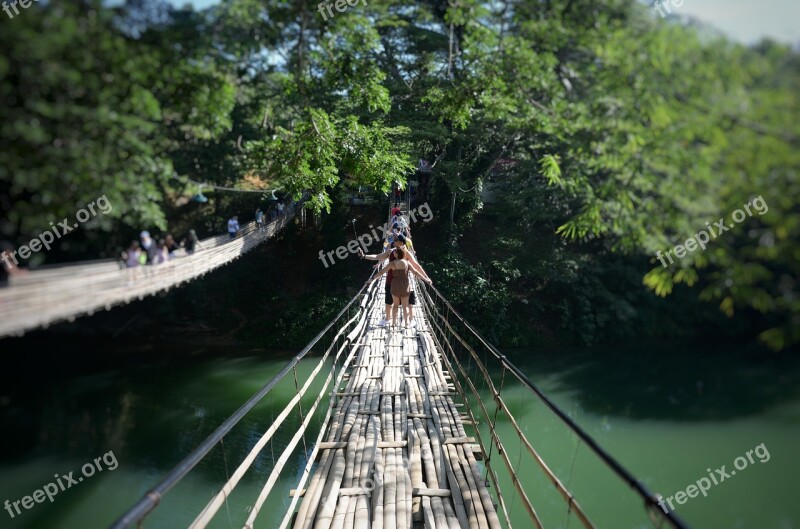 Loboc River Bridge Bamboo Bridge Bohol Bridge Besides Wooden Legs People