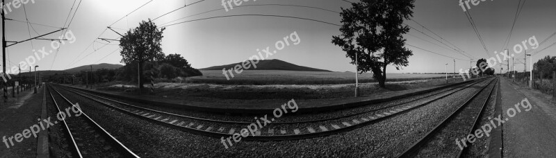 Railroad Panorama Railway Landscape B W