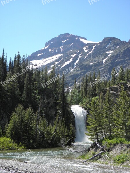 Glacier Nation Park Mountain Waterfall Nature Forest