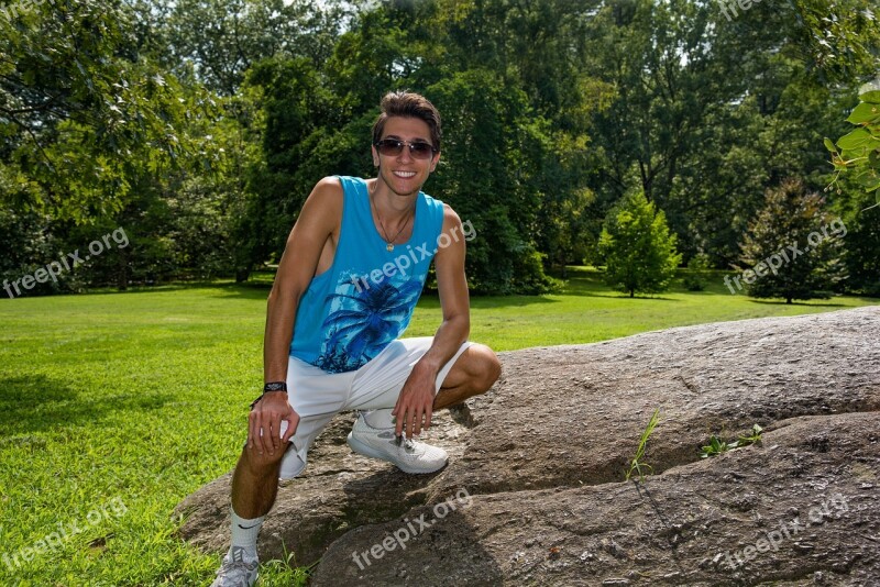 Young Man Boulder Smile Fun Day Sunglasses