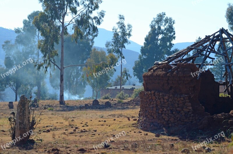 Africa Lesotho Hut Trees Landscape