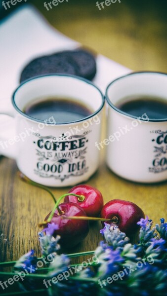 Coffee Cups Cherries Wood Table