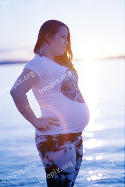 Sunset Girl Mother Pregnant Lake