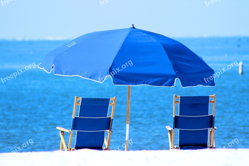 White Sand Blue Water Blue Umbrella Free Photos